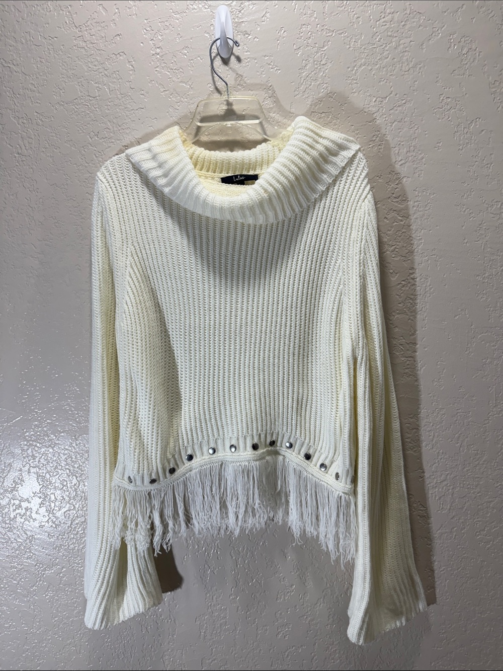 Lulus Ivory Chunky Knit Cowl Neck Fringe Sweater Studded Hem Size Large